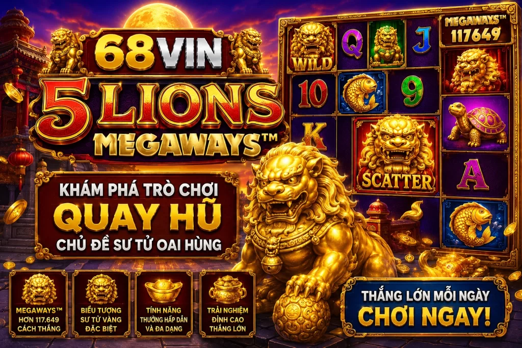 Banner 68VIN 5 Lions Megaways với sư tử vàng, rồng Á Đông, họa tiết cổ điển và hiệu ứng đỏ vàng xanh rực rỡ.