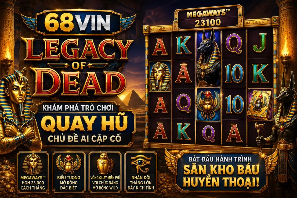 Banner 68VIN Legacy of Dead với pharaoh Ai Cập, đền cổ, cột đá, kho báu và hiệu ứng vàng xanh huyền bí.